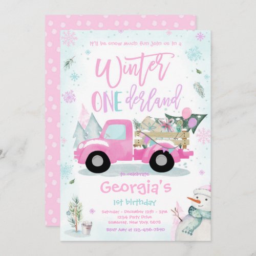 Winter ONEderland Pink Winter Truck Snowman Party Invitation