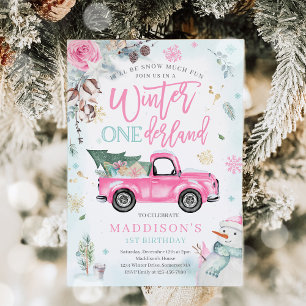 Winter ONEderland Pink Winter Truck Snowman Party Invitation