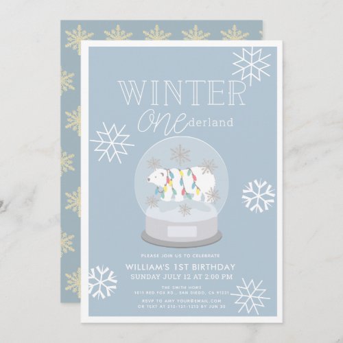 Winter Onederland Polar Bear Blue 1st Birthday Invitation