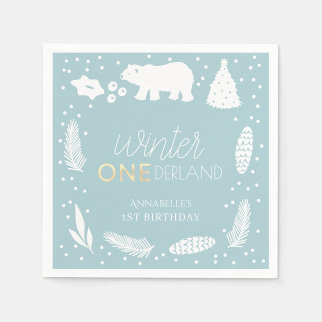 Winter ONEderland Polar Bear Blue 1st Birthday Napkins (Front)