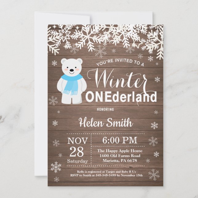 Winter Onederland Polar Bear Boy 1st Birthday Invitation (Front)