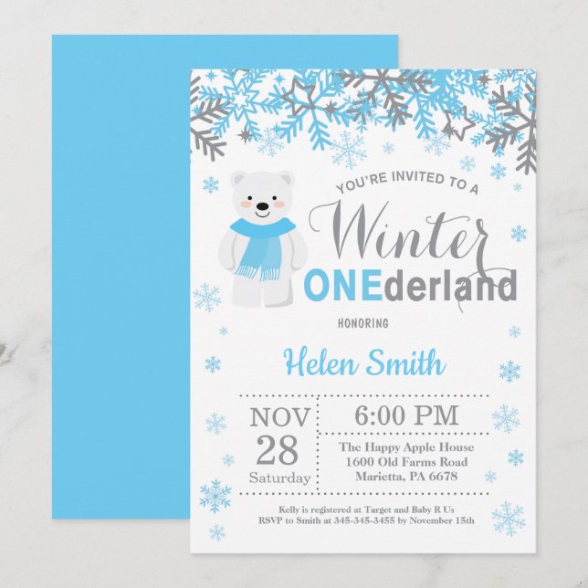 Winter Onederland Polar Bear Boy 1st Birthday Invitation (Front/Back)