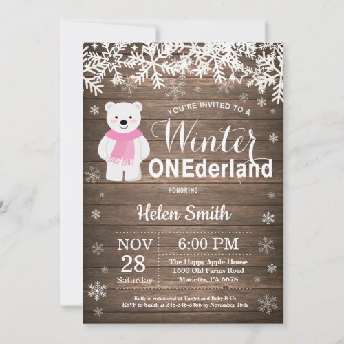 Winter Onederland Polar Bear Girl 1st Birthday Invitation