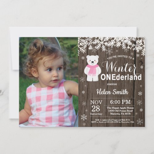 Winter Onederland Polar Bear Girl 1st Birthday Invitation