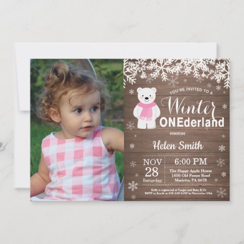 Winter Onederland Polar Bear Girl 1st Birthday Invitation