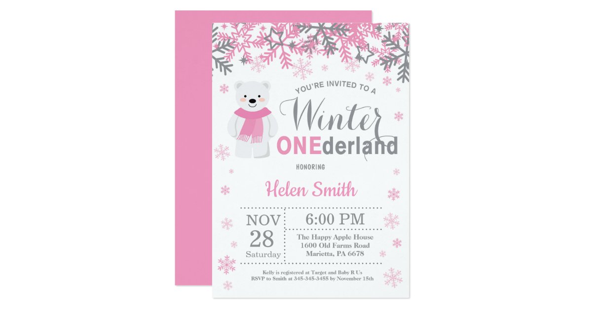 Winter Onederland Polar Bear Girl 1st Birthday Invitation Zazzle Com
