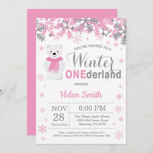 Winter Onederland Polar Bear Girl 1st Birthday Invitation