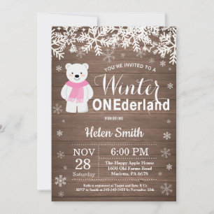 Winter Onederland Polar Bear Girl 1st Birthday Invitation