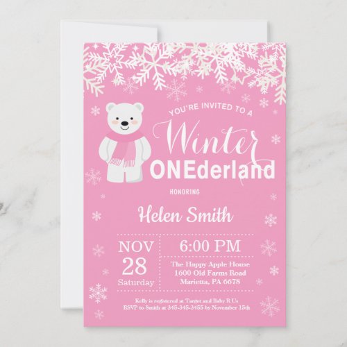 Winter Onederland Polar Bear Girl 1st Birthday Invitation
