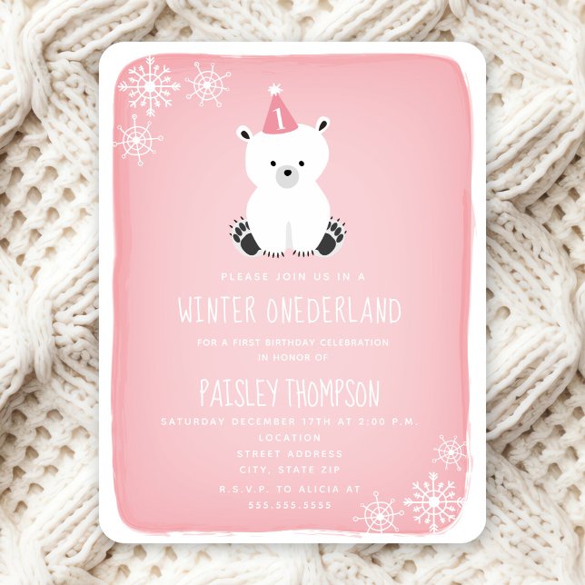 Winter Onederland Polar Bear Pink First Birthday Invitation (Creator Uploaded)