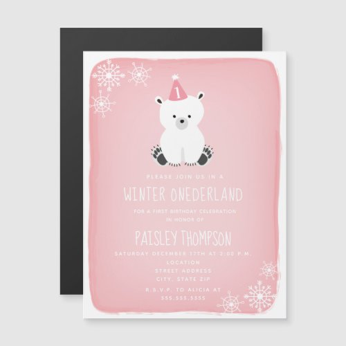 Winter Onederland Polar Bear Pink First Birthday Magnetic Invitation