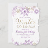 Winter Onederland Purple and Gold Snowflake Invite (Front)