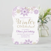 Winter Onederland Purple and Gold Snowflake Invite (Standing Front)