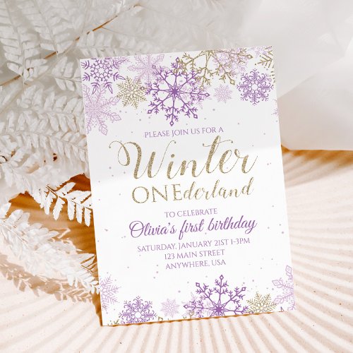 Winter Onederland Purple and Gold Snowflake Invite