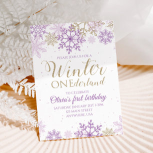 Winter Onederland Purple and Gold Snowflake Invite