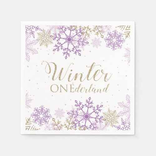 Winter Onederland Purple and Gold Snowflake Napkins