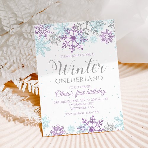 Winter Onederland Purple and Silver Snowflake Invitation