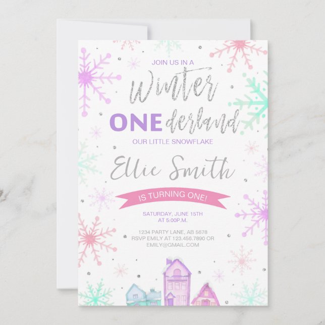 Winter Onederland Purple, Blue and Pink Invitation (Front)