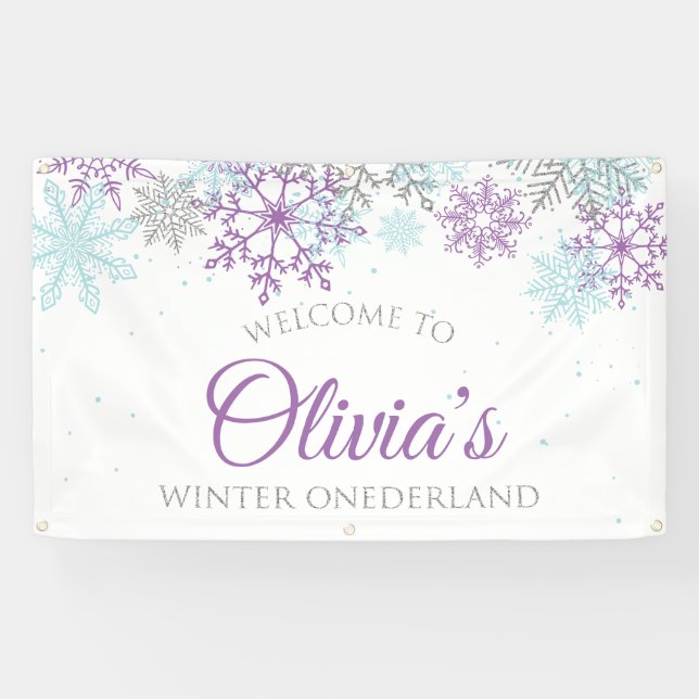 Winter Onederland Purple Blue Birthday Welcome Banner (Horizontal)