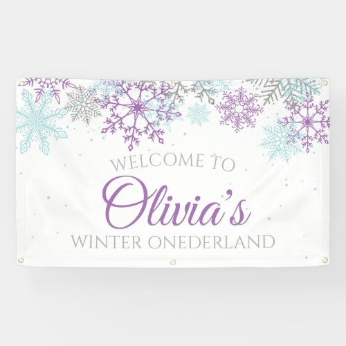 Winter Onederland Purple Blue Snowflakes Banner
