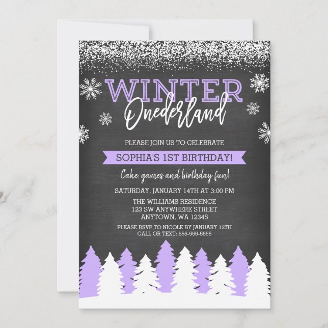 Winter Onederland Purple Chalkboard 1st Birthday Invitation (Front)
