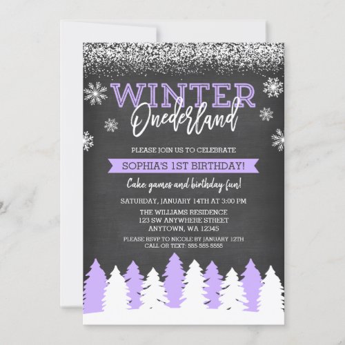 Winter Onederland Purple Chalkboard 1st Birthday Invitation