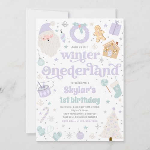 Winter ONEderland Purple Christmas Birthday Party Invitation