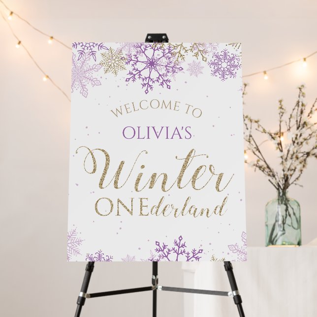 Winter Onederland Purple Gold Snowflake Welcome Foam Board (In Situ (Stand))