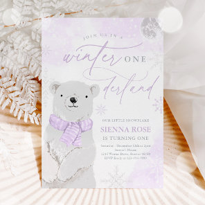 Winter Onederland Purple Polar Bear Birthday Invitation
