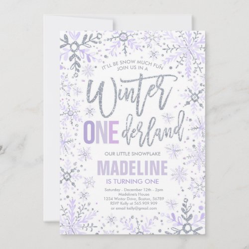 Winter ONEderland Purple Silver Snowflake Birthday Invitation