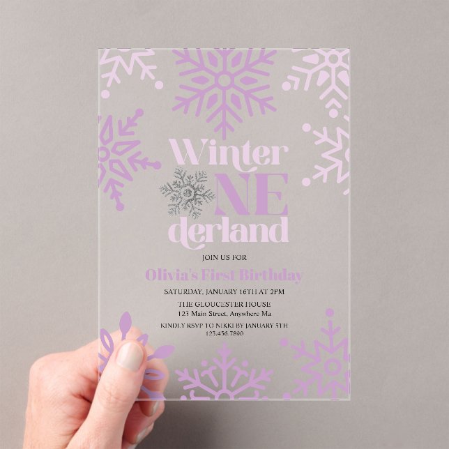 Winter Onederland Purple Snowflake 1st Birthday Acrylic Invitations (Insitu (Handheld))
