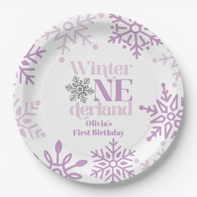 Winter Onederland Purple Snowflake 1st Birthday Paper Plates (Front)