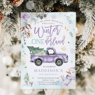 Winter ONEderland Purple Winter Truck Snowman Invitation
