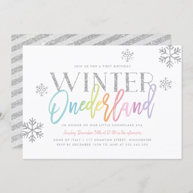 Winter ONEderland Rainbow Silver Glam 1st Birthday Invitation (Front/Back)