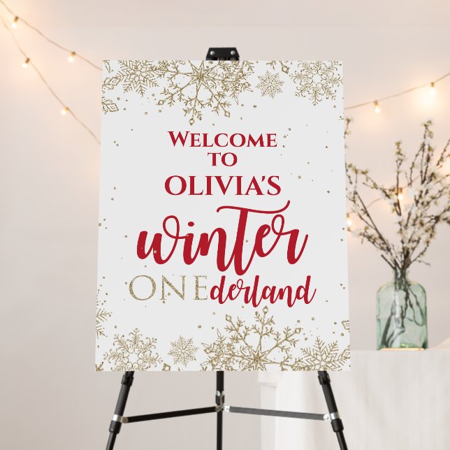 Winter Onederland Red 1st Birthday Gold Snowflakes Foam Board (In Situ (Stand))