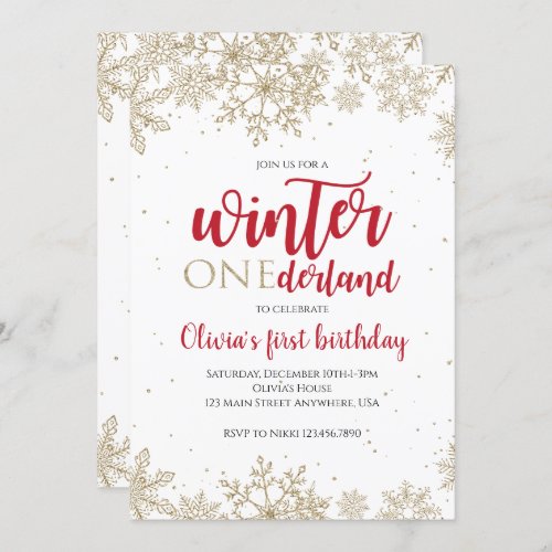 Winter Onederland Red 1st Birthday Gold Snowflakes Invitation