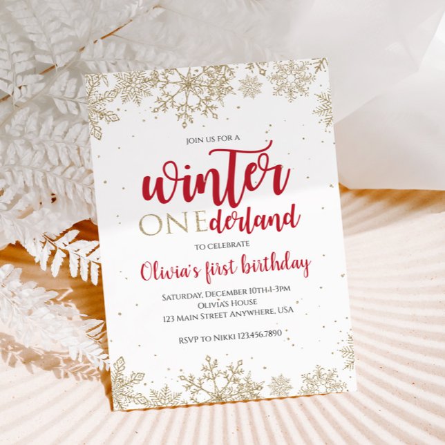 Winter Onederland Red 1st Birthday Gold Snowflakes Invitation (Creator Uploaded)