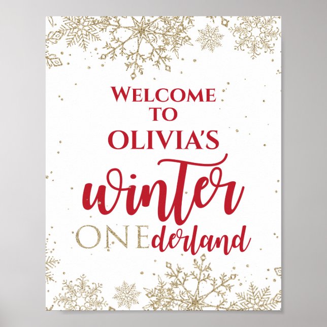 Winter Onederland Red 1st Birthday Gold Snowflakes Poster (Front)