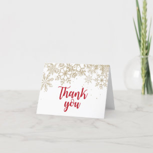 Winter ONEderland Red and gold glitter snowflakes Letterpress Thank You Card