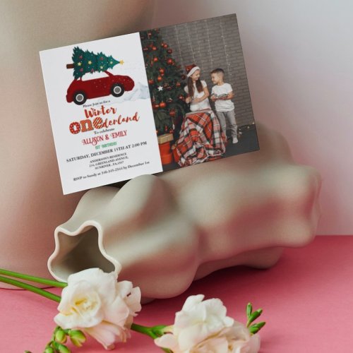 Winter Onederland Red Car with Twin 1St Birthday Invitation