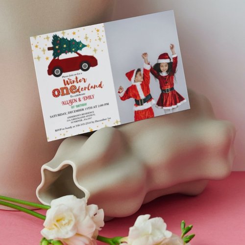 Winter Onederland Red Car with Twin 1St Birthday Invitation
