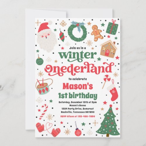 Winter ONEderland Red Christmas Birthday Party Invitation