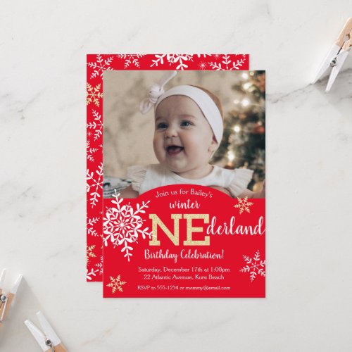 Winter ONEderland Red Gold Glitter 1st Birthday Invitation