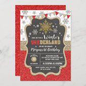 Winter Onederland  Red Gold Snowflake 1st Birthday Invitation (Front/Back)