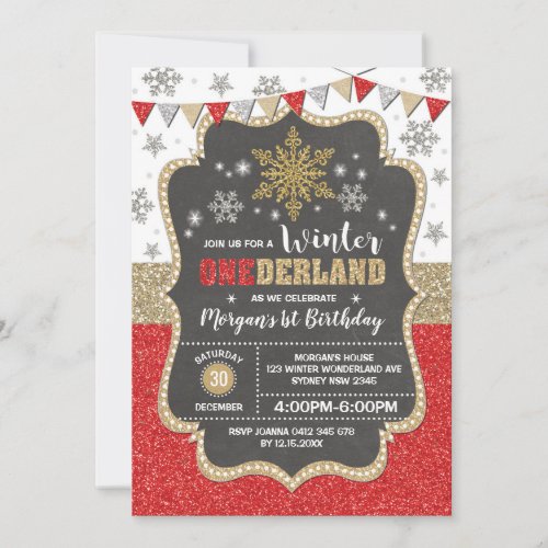 Winter Onederland  Red Gold Snowflake 1st Birthday Invitation