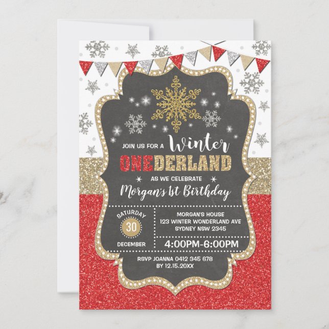 Winter Onederland  Red Gold Snowflake 1st Birthday Invitation (Front)
