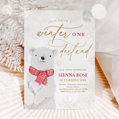 Winter Onederland Red Polar Bear Birthday Invitation