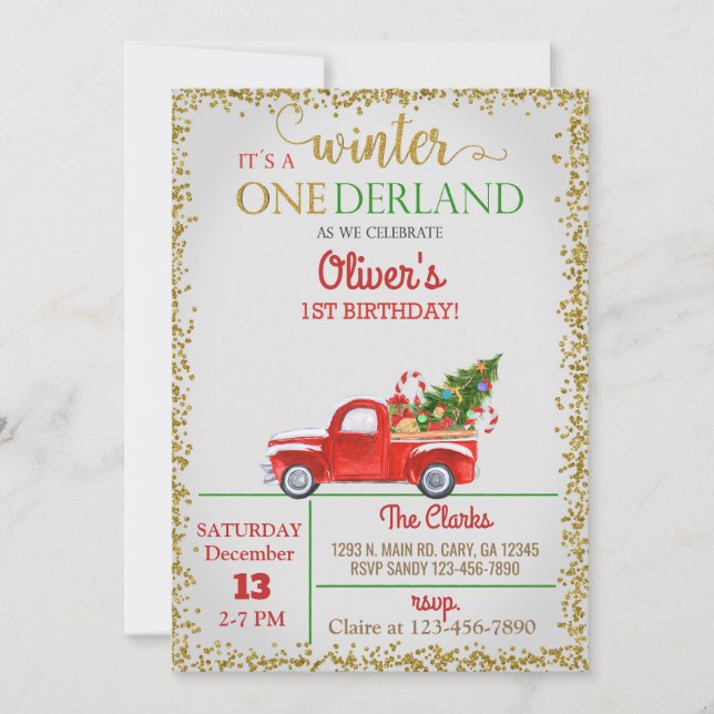 Winter Onederland red truck boy 1st birthday. Invitation (Front)