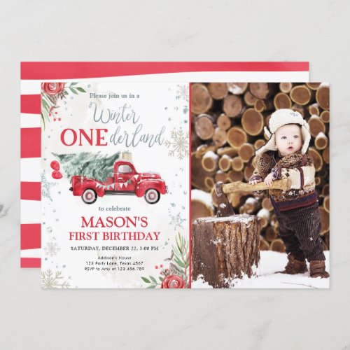 Winter Onederland Red Truck Boy First Birthday Invitation