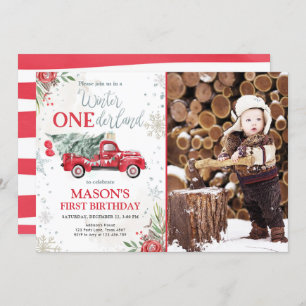 Winter Onederland Red Truck Boy First Birthday Invitation